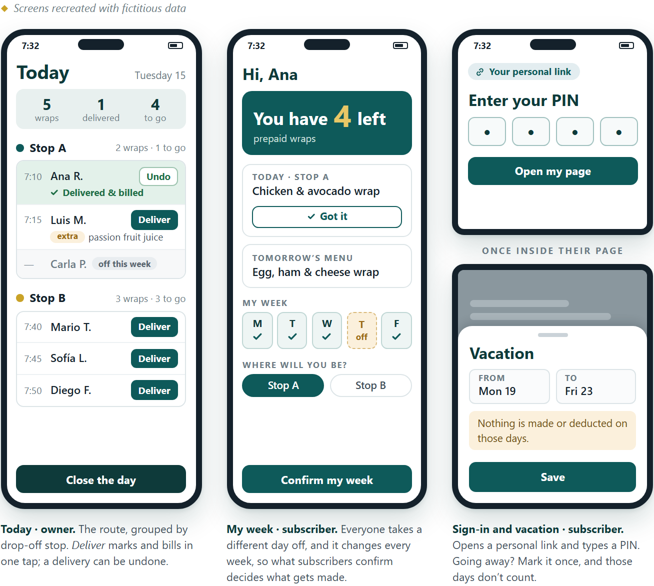 Screens from the Morning Roll app on a phone, recreated with fictitious data