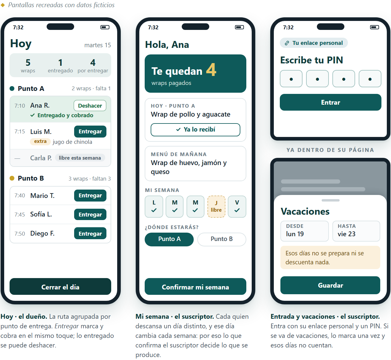Pantallas de la app de Morning Roll en el celular, recreadas con datos ficticios